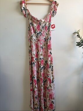 Hot Kiss Pink and Cream Floral Smocked Midi Dress